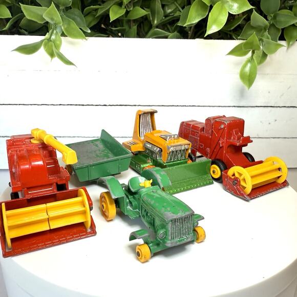 Vintage Lesney Matchbox Lot of 4  Farm Vehicles- Combine, Tractor W/Wagon & Plow - Picture 1 of 6
